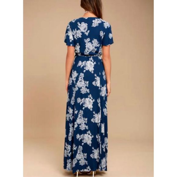 Lulu's Heart of Marigold Navy Blue Floral Print Wrap Maxi Dress XL Boho Rayon - Picture 3 of 14